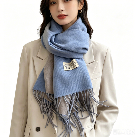 Blue and Grey Double-Sided Reversible Imitation Cashmere Scarf for Women
