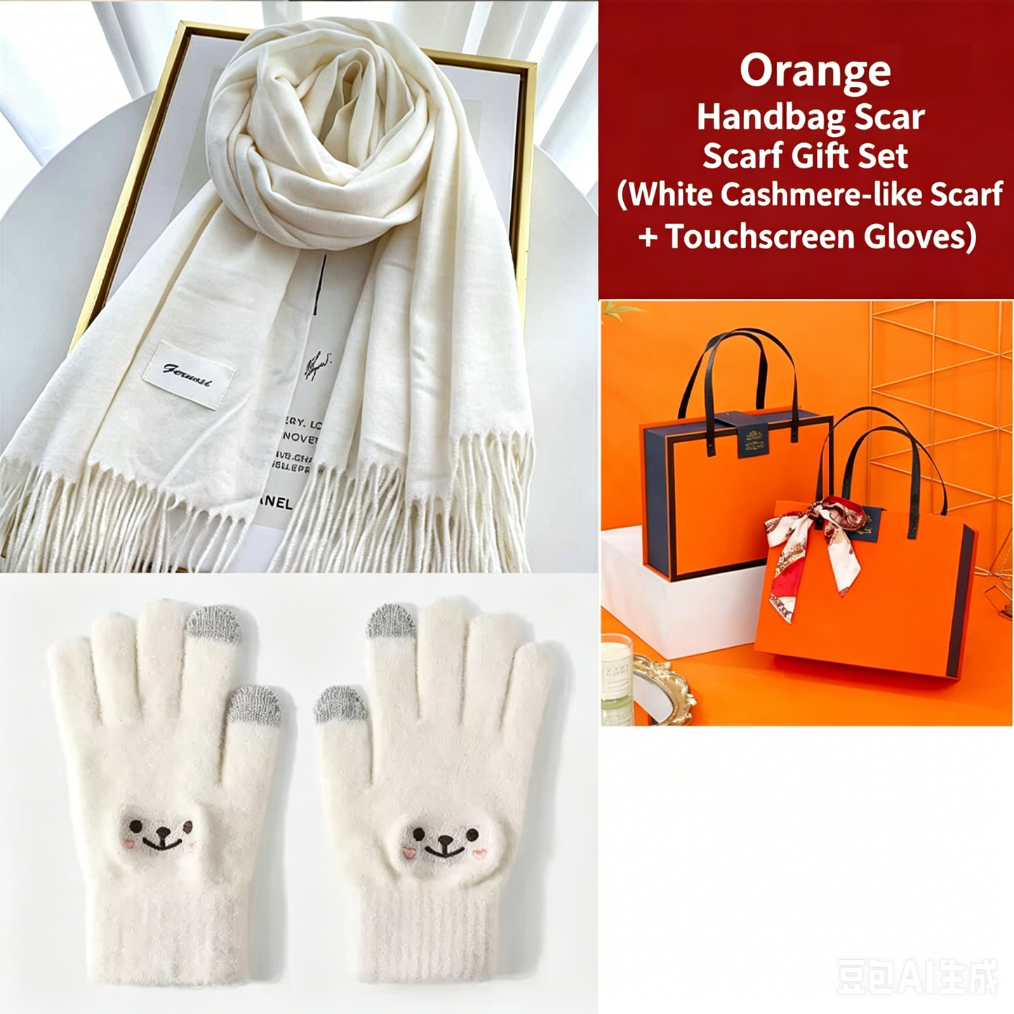 White Winter Cashmere-Like Scarf and Gloves Gift Set for Women