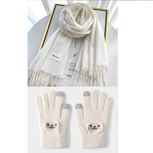 White Winter Cashmere-Like Scarf and Gloves Gift Set