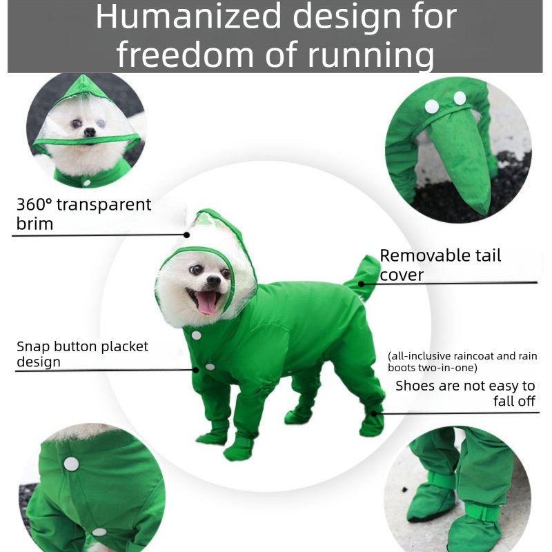 Green M Waterproof Dog Raincoat Jumpsuit with Hood & Boots