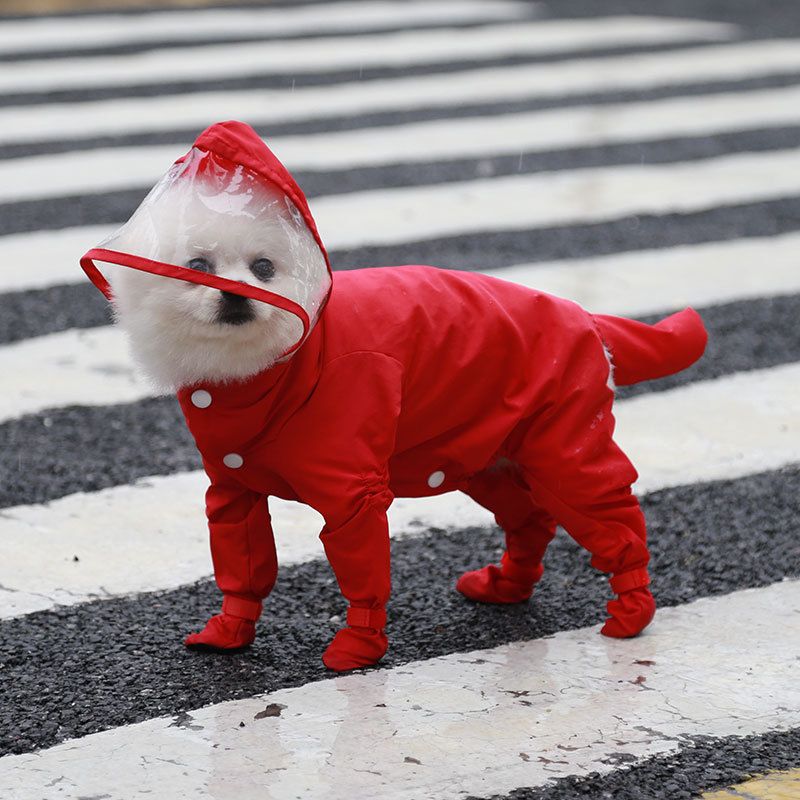 Red L Waterproof Dog Raincoat Jumpsuit with Hood & Boots