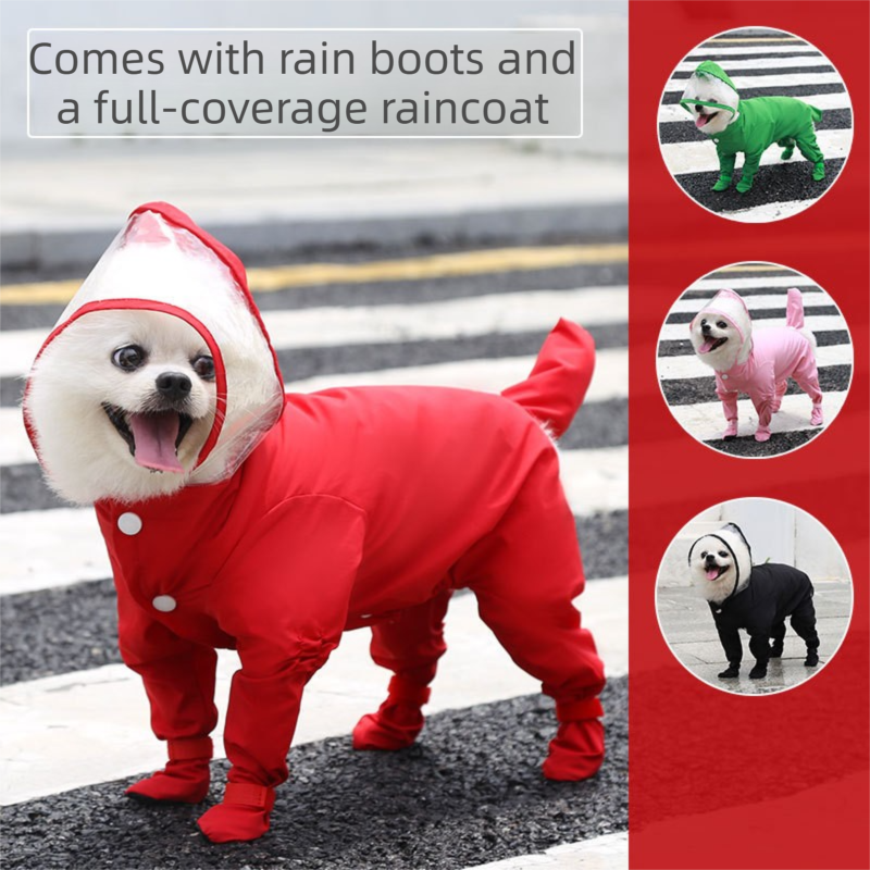 Red XL Waterproof Dog Raincoat Jumpsuit with Hood & Boots