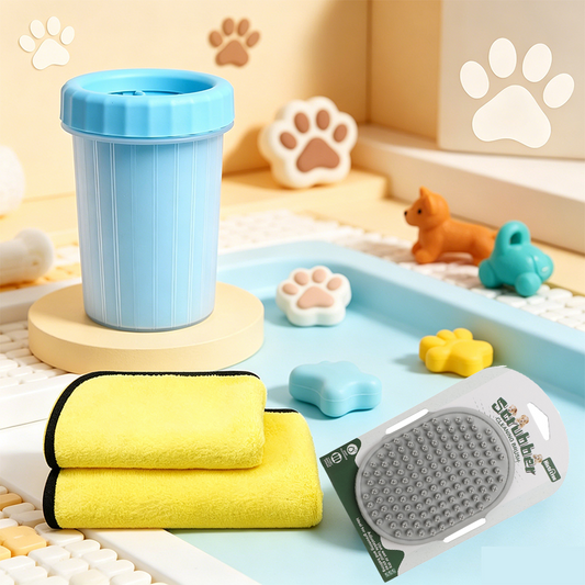 4-Piece Pet Grooming & Paw Cleaning Kit - Blue/Grey