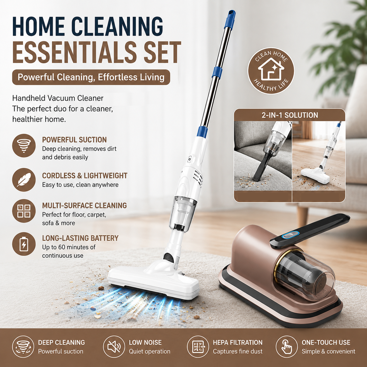 UV Mattress Vacuum & Cordless Stick Vacuum Set - Gold