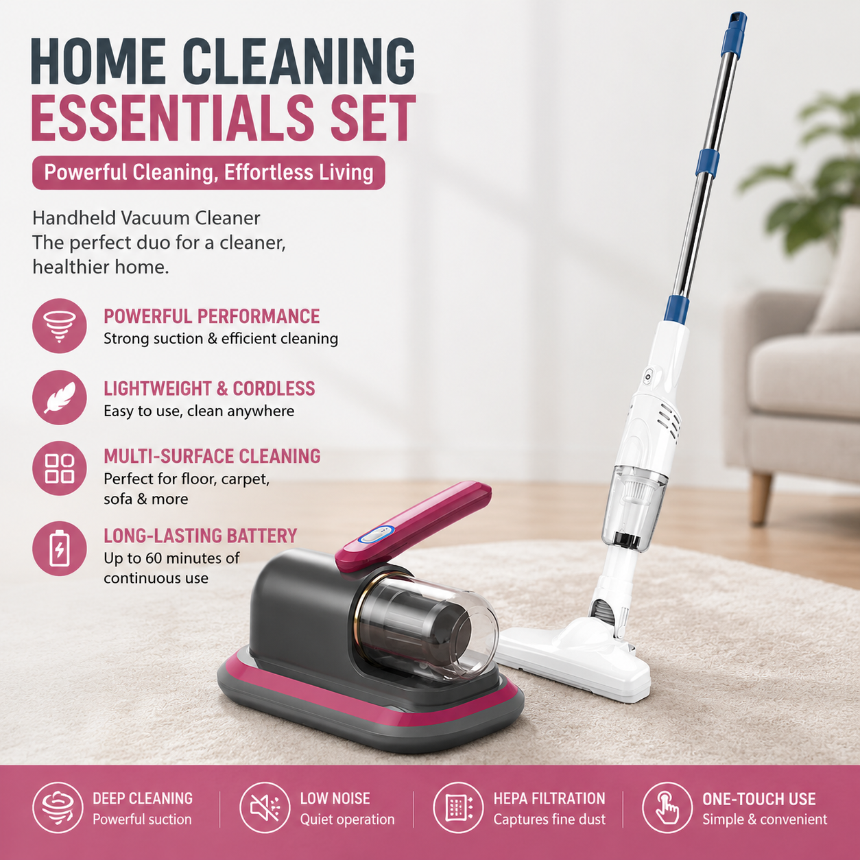 UV Mattress Vacuum & Cordless Stick Vacuum Set - Red