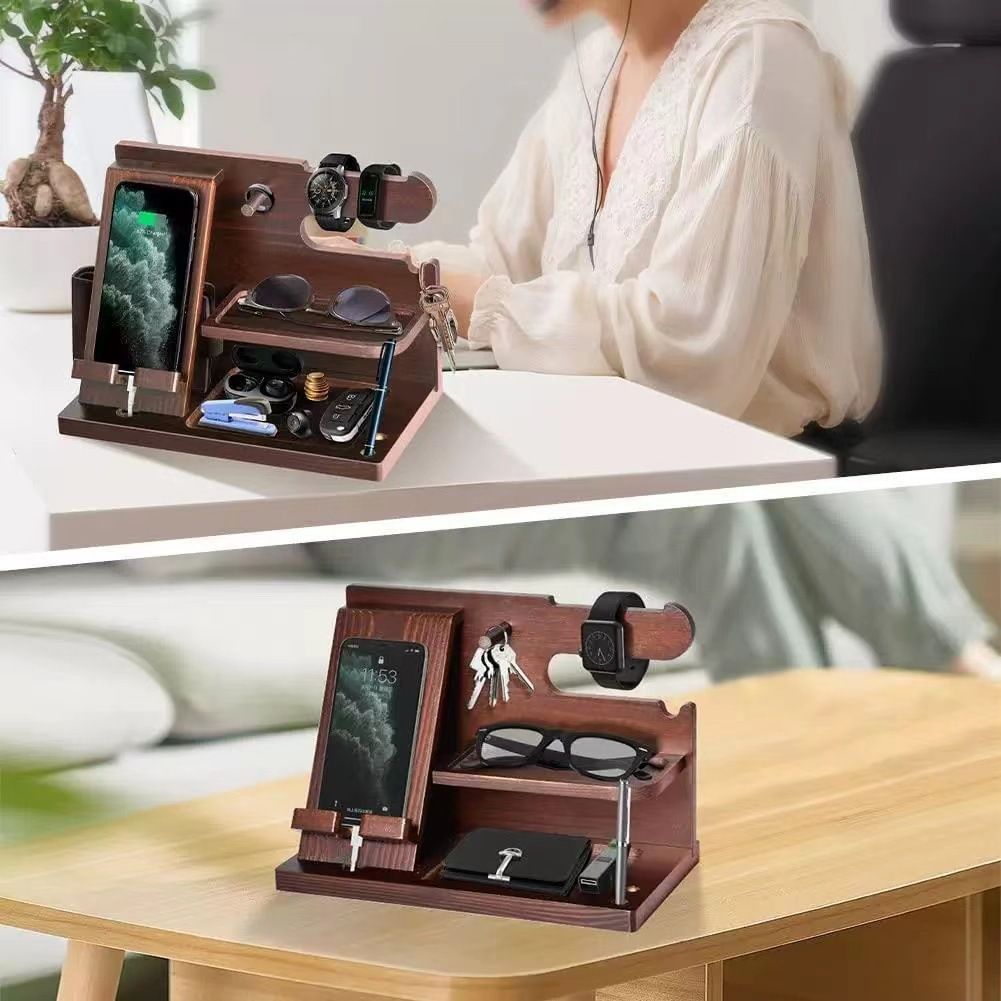 Multi-Functional Wooden Nightstand Organizer All-in-One Storage Solution