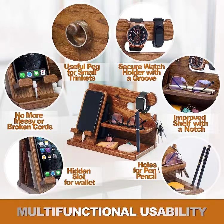 Multi-Functional Wooden Nightstand Organizer All-in-One Storage Solution