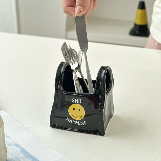 Black Ceramic Mini Tote Bag Pen Holder