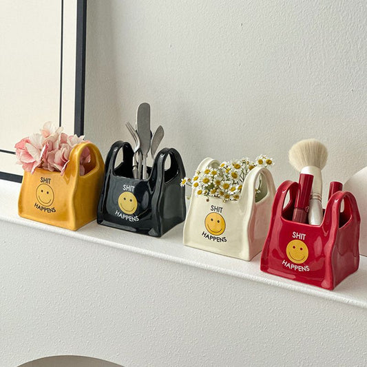 Black Ceramic Mini Tote Bag Pen Holder
