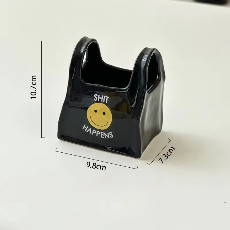 Black Ceramic Mini Tote Bag Pen Holder - for Makeup Brushes, Remote Controls and Stationery, Cute Smiley Decorative Container