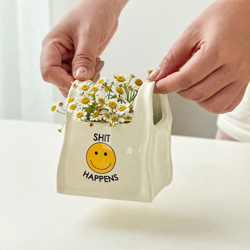 White Ceramic Mini Tote Bag Pen Holder - for Makeup Brushes, Remote Controls and Stationery, Cute Smiley Decorative Container