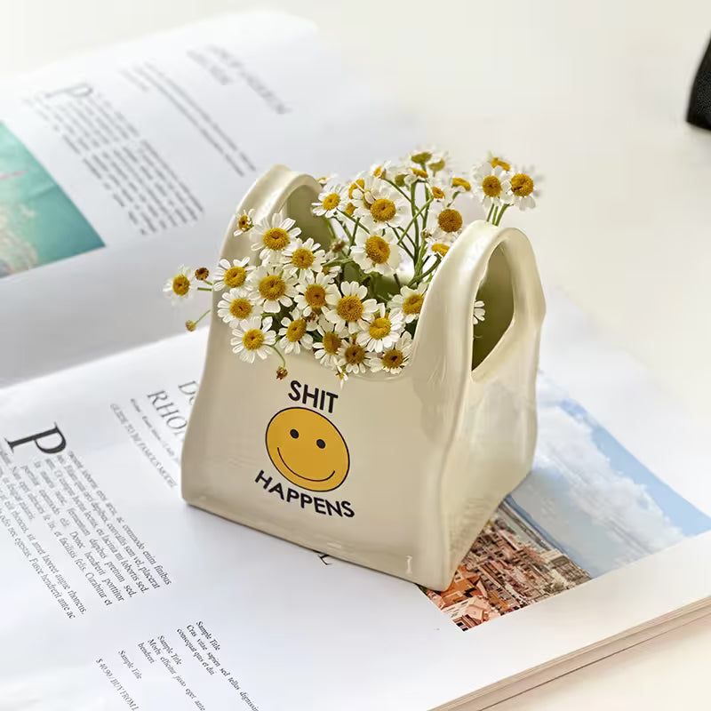 White Ceramic Mini Tote Bag Pen Holder - for Makeup Brushes, Remote Controls and Stationery, Cute Smiley Decorative Container
