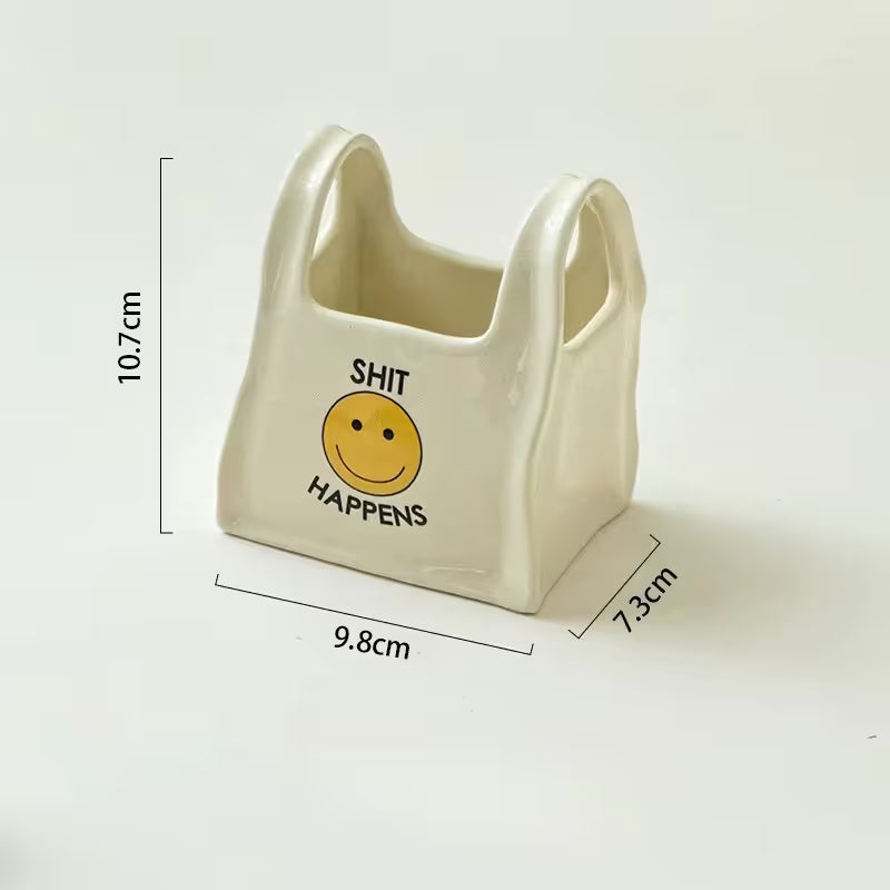 White Ceramic Mini Tote Bag Pen Holder - for Makeup Brushes, Remote Controls and Stationery, Cute Smiley Decorative Container