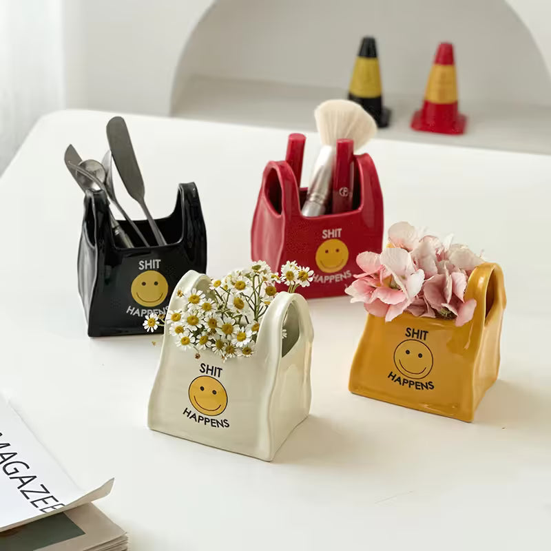 White Ceramic Mini Tote Bag Pen Holder - for Makeup Brushes, Remote Controls and Stationery, Cute Smiley Decorative Container