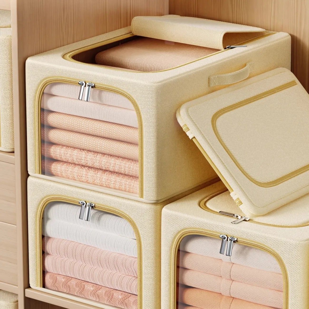 Khaki 56L Slim Foldable Clothes Storage Box Large Capacity Fabric Wardrobe Organiser with Clear Window Dustproof