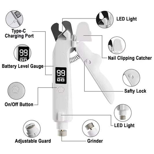 2 in 1 Pet Nail Clippers with Grinder LED Light Rechargeable Electric Dog Cat Nail Trimmer with LCD Display