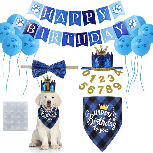 Blue Dog Birthday Bandana Hat Bow Tie Balloons and Happy Birthday Banner Kit