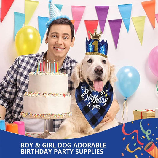 Blue Dog Birthday Bandana Hat Bow Tie Balloons and Happy Birthday Banner Kit
