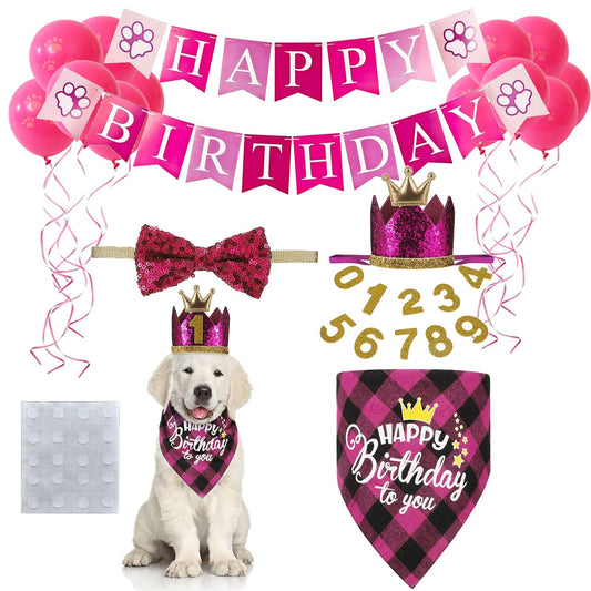 Dog Birthday Bandana Hat Bow Tie Balloons and Happy Birthday Banner Kit