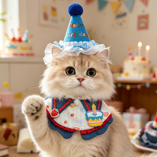 Size M Blue Pet Birthday Party Supplies Strawberry Cake Bib and Hat Set Cat Dog Costume Photo Shoot Outfit
