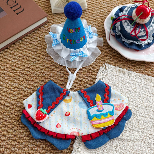 Size M Blue Pet Birthday Party Supplies Strawberry Cake Bib and Hat Set Cat Dog Costume Photo Shoot Outfit