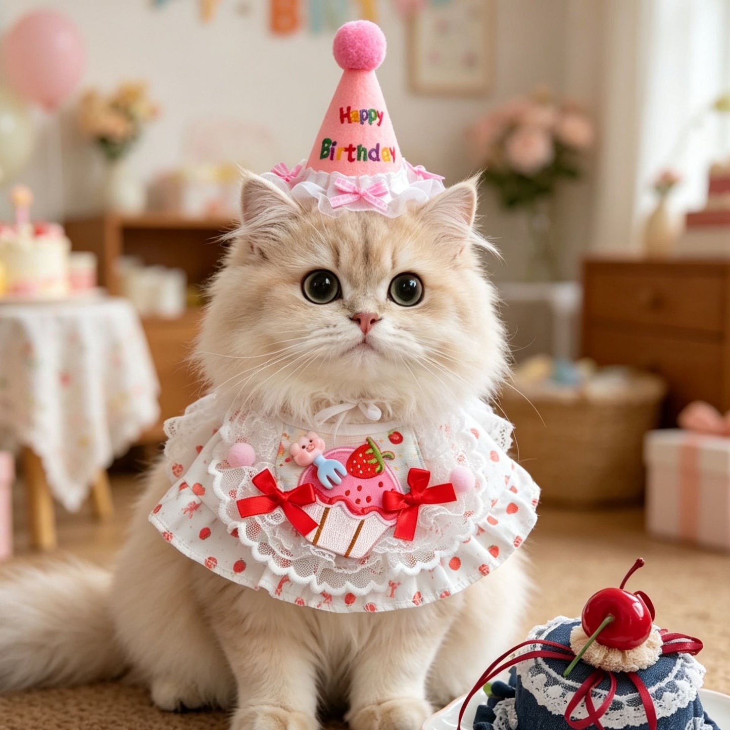 M Pink Pet Birthday Party Supplies Strawberry Cake Bib and Hat Set Cat Dog Costume Photo Shoot Outfit