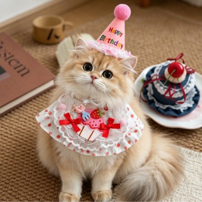 M Pink Pet Birthday Party Supplies Strawberry Cake Bib and Hat Set Cat Dog Costume Photo Shoot Outfit