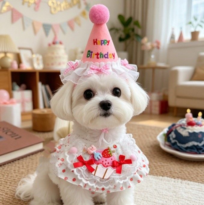 M Pink Pet Birthday Party Supplies Strawberry Cake Bib and Hat Set Cat Dog Costume Photo Shoot Outfit