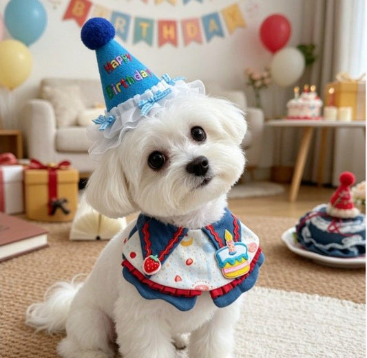 Size L Blue Pet Birthday Party Supplies Strawberry Cake Bib and Hat Set Cat Dog Costume Photo Shoot Outfit