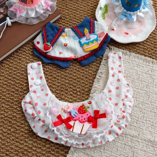 Size L Pink Pet Birthday Party Supplies Strawberry Cake Bib and Hat Set Cat Dog Costume Photo Shoot Outfit