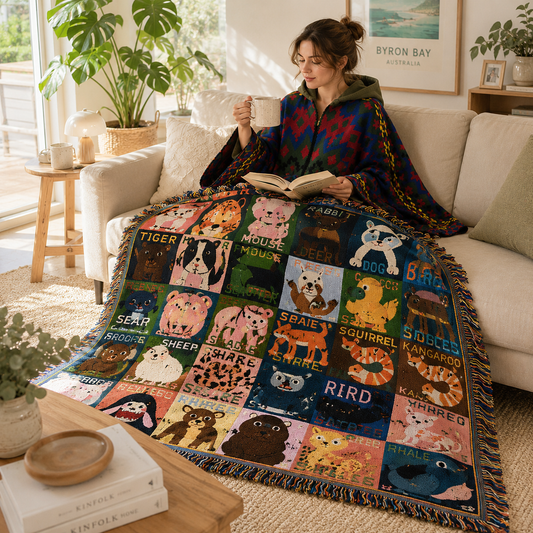 Blue-Green Hooded Poncho & Throw Blanket Set