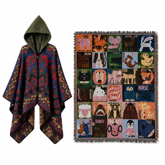 Blue-Green Hooded Poncho & Throw Blanket Set