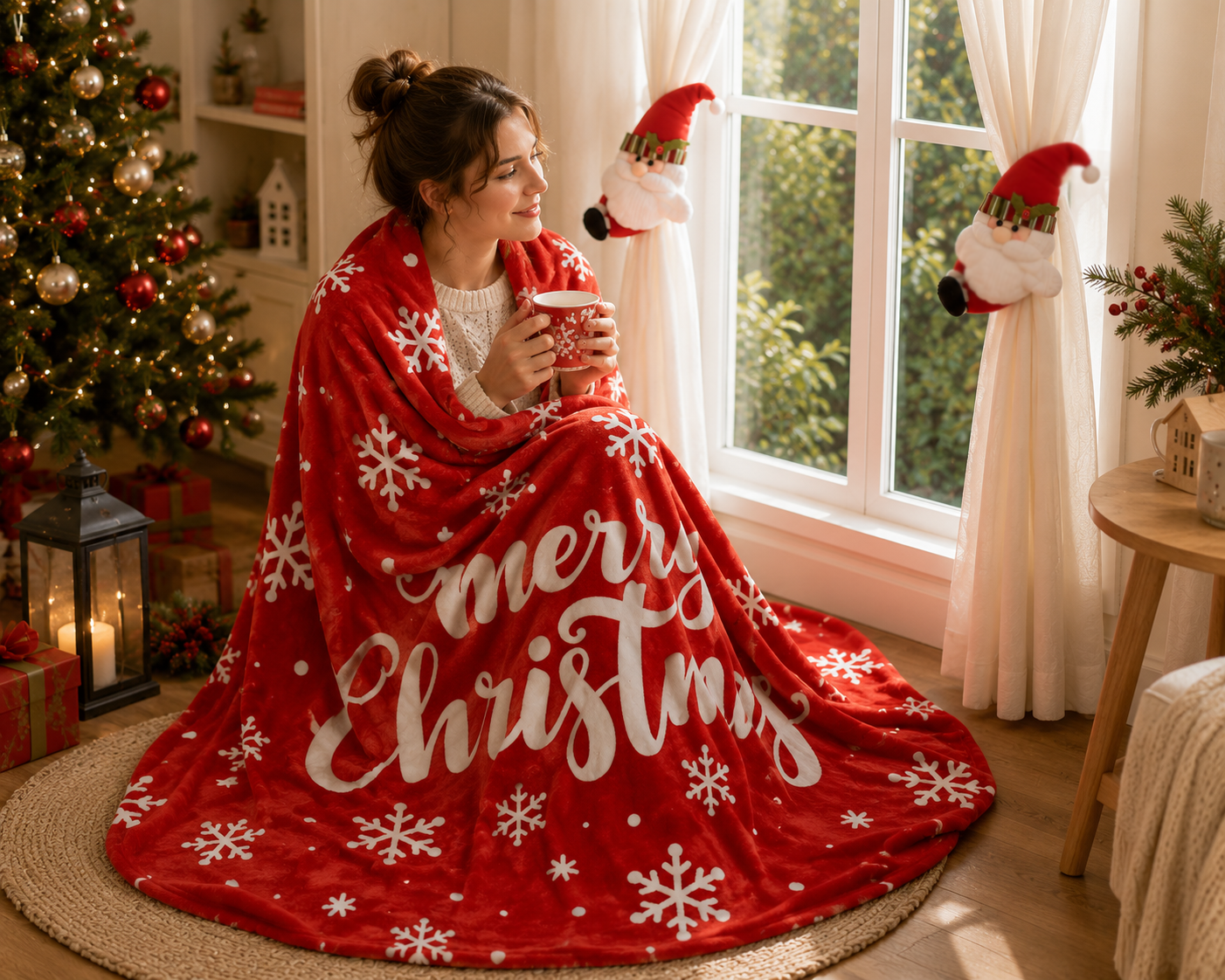 Christmas Fleece Throw Blanket & Santa Curtain Tieback Set