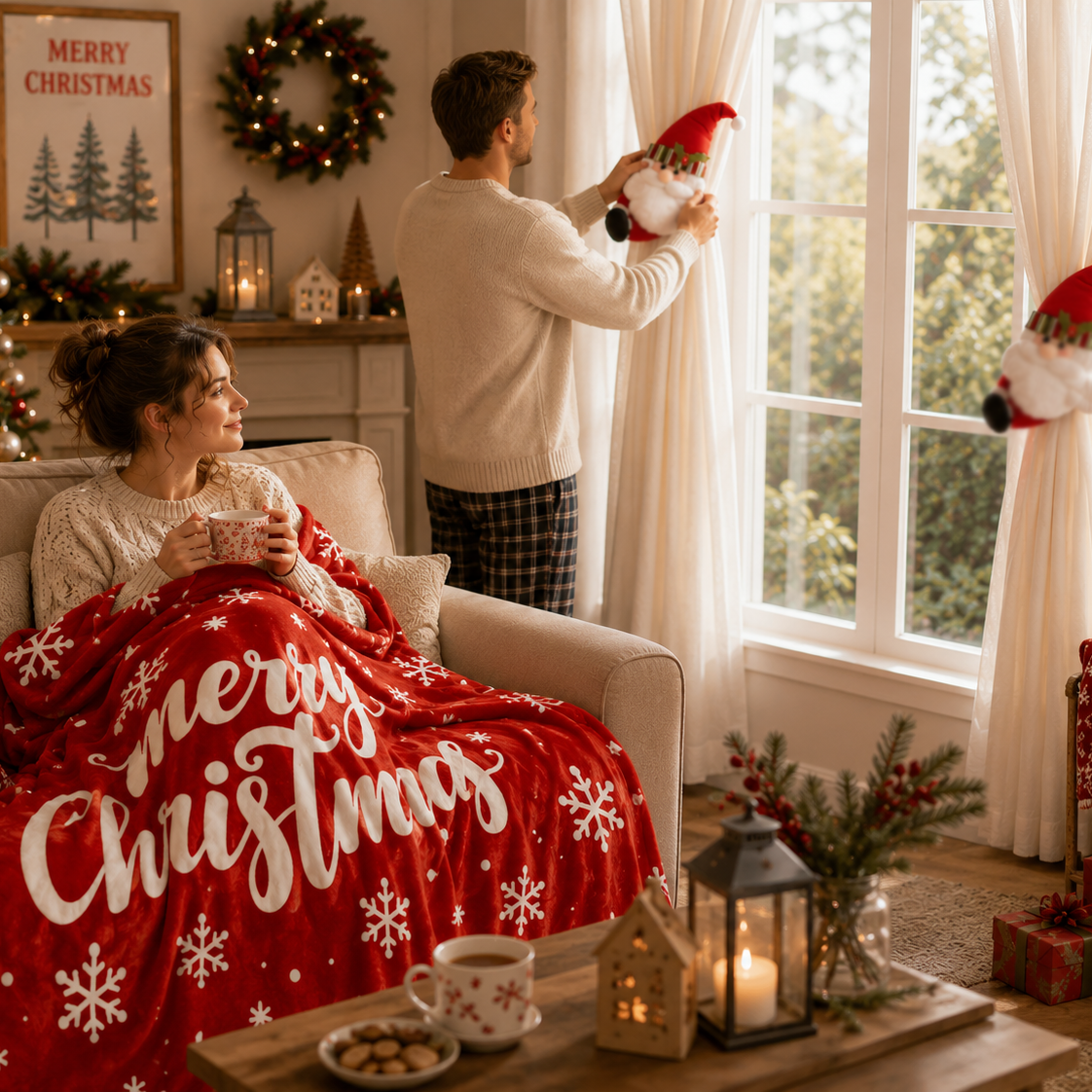 Christmas Fleece Throw Blanket & Santa Curtain Tieback Set