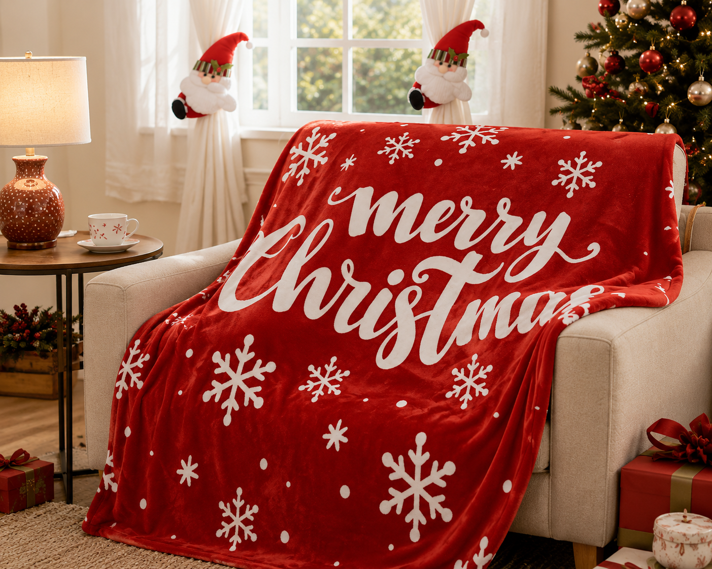 Christmas Fleece Throw Blanket & Santa Curtain Tieback Set
