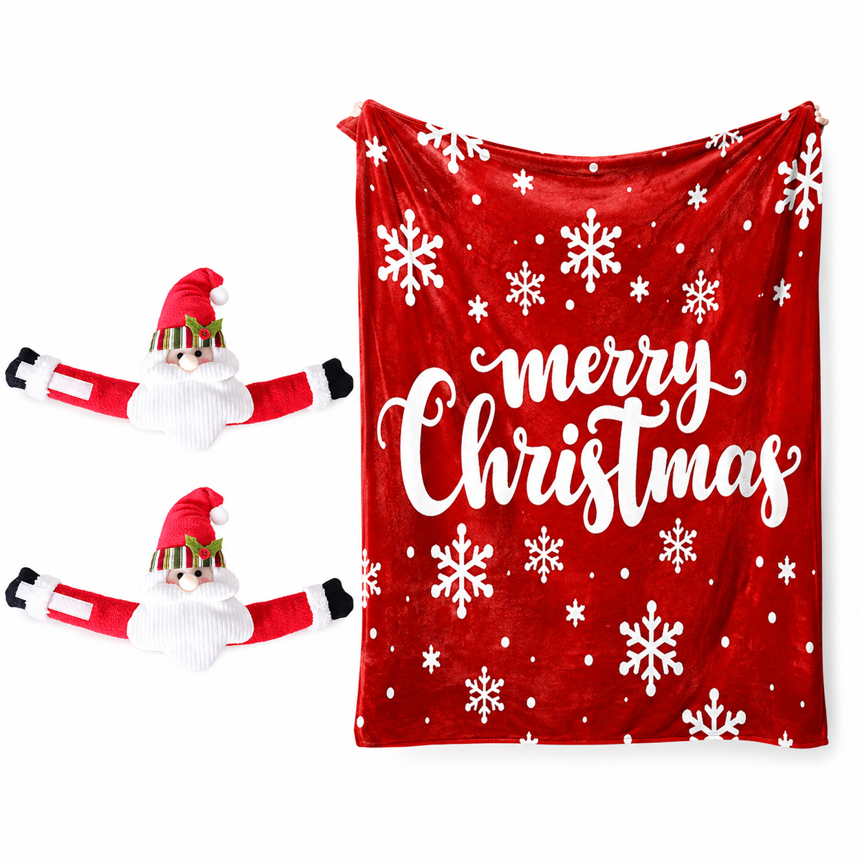 Christmas Fleece Throw Blanket & Santa Curtain Tieback Set