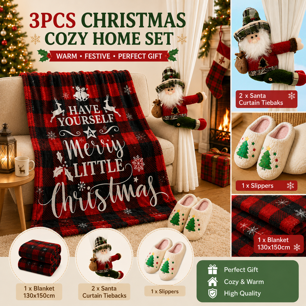 Christmas Blanket, Slippers & Tieback Gift Set