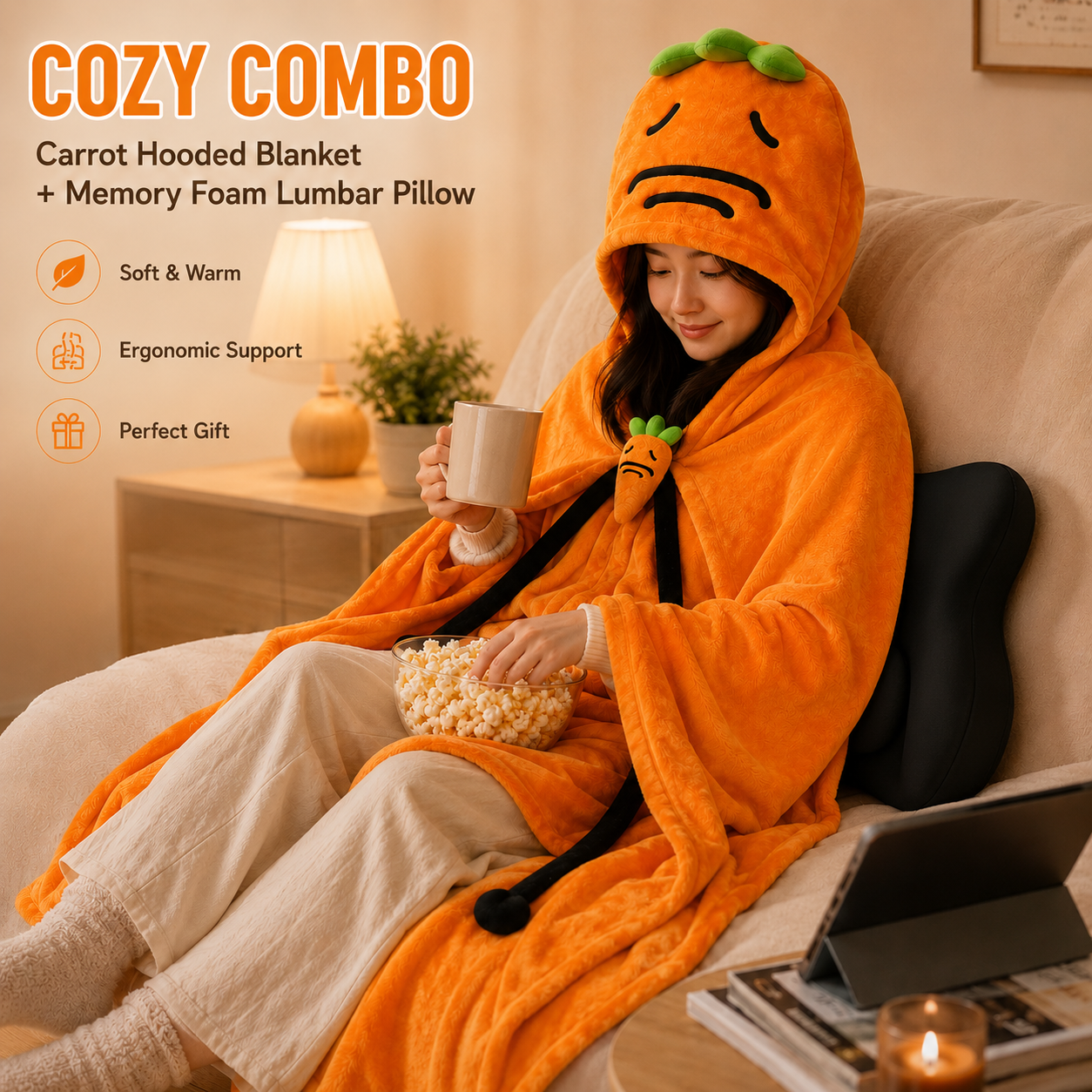 Carrot Hooded Blanket & Black Lumbar Pillow Set