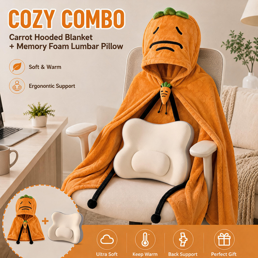 Carrot Hooded Blanket & Beige Grey Lumbar Pillow Set