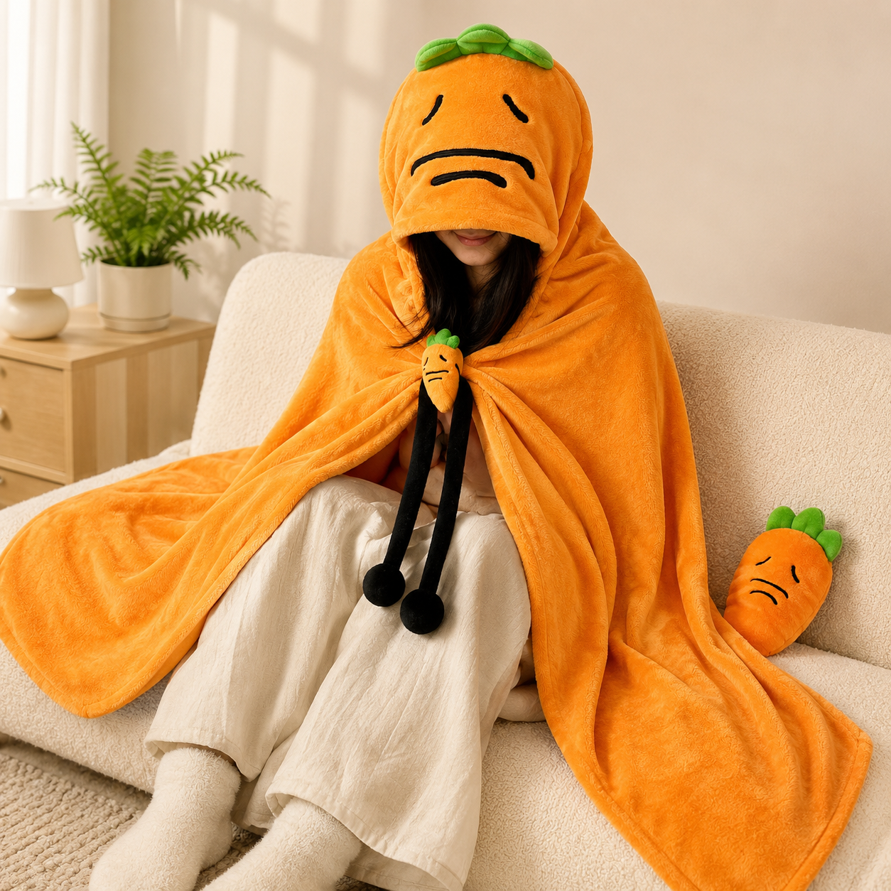 Carrot Hooded Blanket & Beige Grey Lumbar Pillow Set