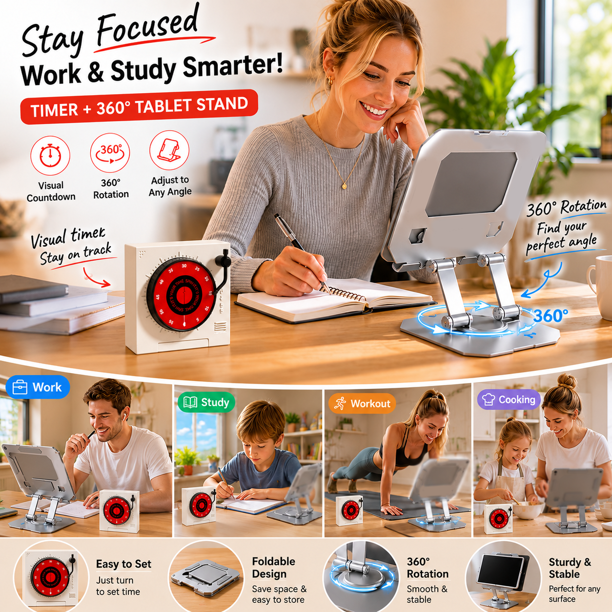 Study Focus Timer & Tablet Stand Set - Silver
