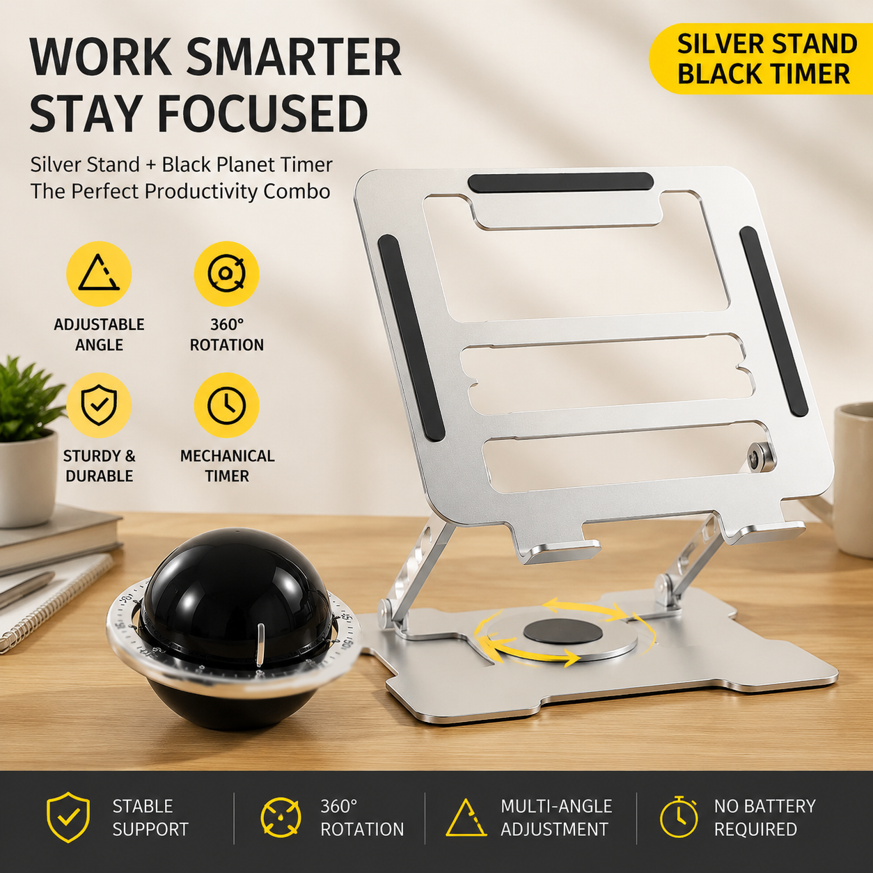 Rotating Laptop Stand & Timer Set - Silver