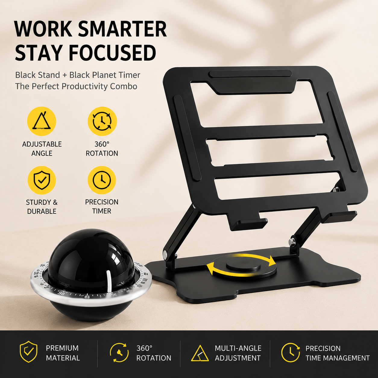 Rotating Laptop Stand & Timer Set - Black