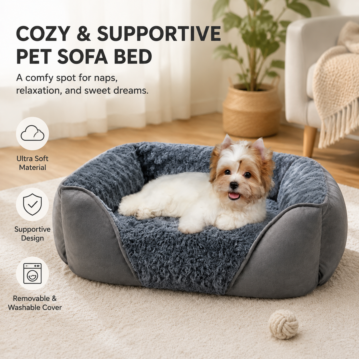 Washable Bolstered Pet Bed - Grey S