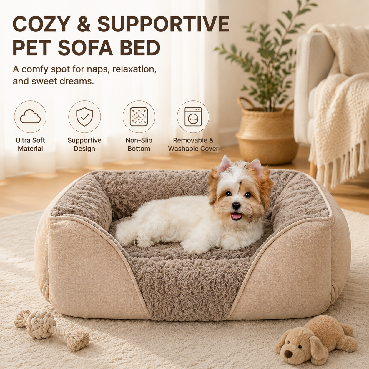 Washable Bolstered Pet Bed - Camel S