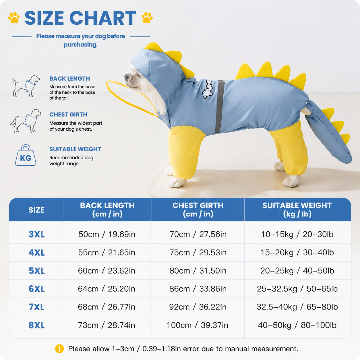 Blue Dog Raincoat Dinosaur Hooded Waterproof Jacket 6XL Size with Leash Hole Removable Tail Cover Full Body Coverage Pet Rain Coat for Outdoor Walking Large Dogs