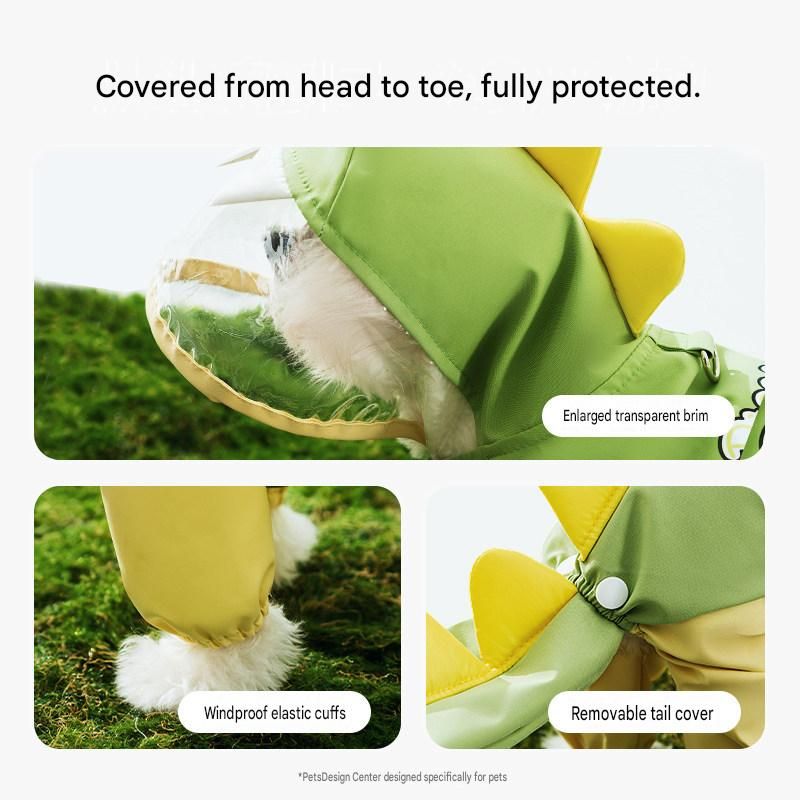 Green Dog Raincoat Dinosaur Hooded Waterproof Jacket 5XL Size with Leash Hole Removable Tail Cover Full Body Coverage Pet Rain Coat for Outdoor Walking Large Dogs