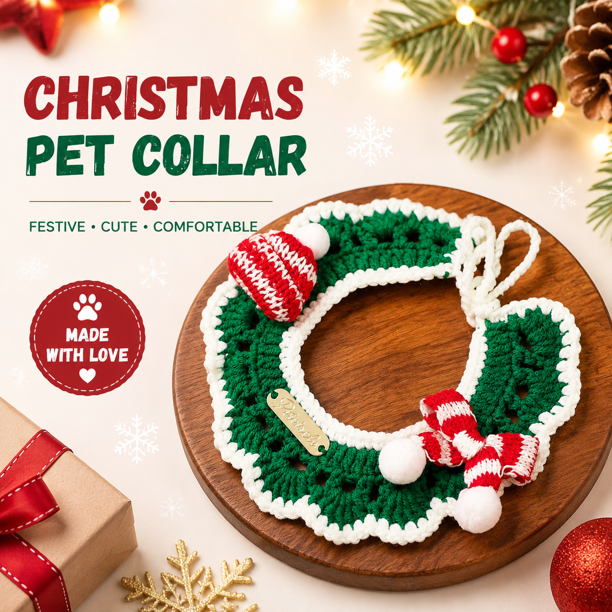 Christmas Pet Collar - Green Scarf & Hat