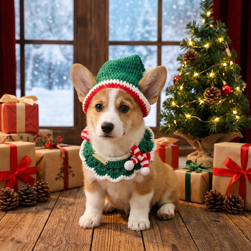 Christmas Pet Collar - Green Scarf & Hat