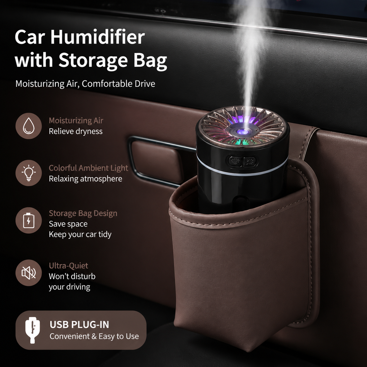 USB Car Aroma Diffuser Humidifier - Brown